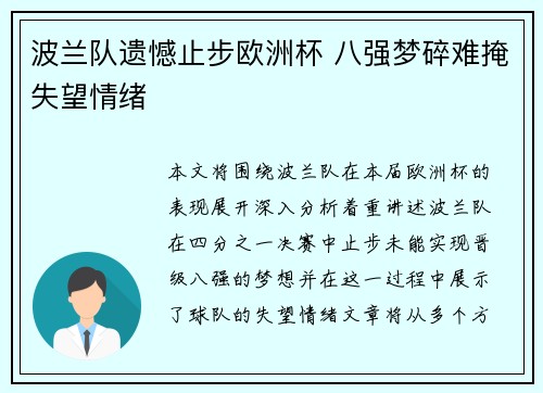 波兰队遗憾止步欧洲杯 八强梦碎难掩失望情绪