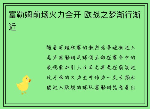 富勒姆前场火力全开 欧战之梦渐行渐近