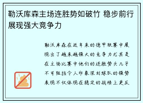 勒沃库森主场连胜势如破竹 稳步前行展现强大竞争力