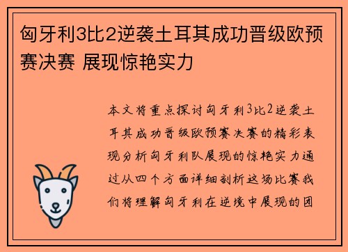 匈牙利3比2逆袭土耳其成功晋级欧预赛决赛 展现惊艳实力
