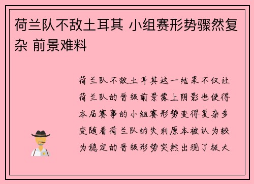 荷兰队不敌土耳其 小组赛形势骤然复杂 前景难料