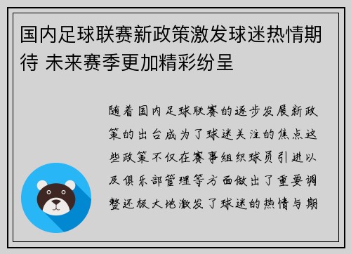 国内足球联赛新政策激发球迷热情期待 未来赛季更加精彩纷呈